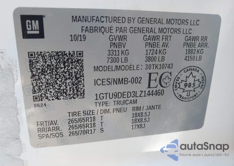 2020 GMC Sierra 1500 4Wd Short Box Slt/4Wd Standard Box Slt из США, поврежденный, VIN 1GTU9DED3LZ144460